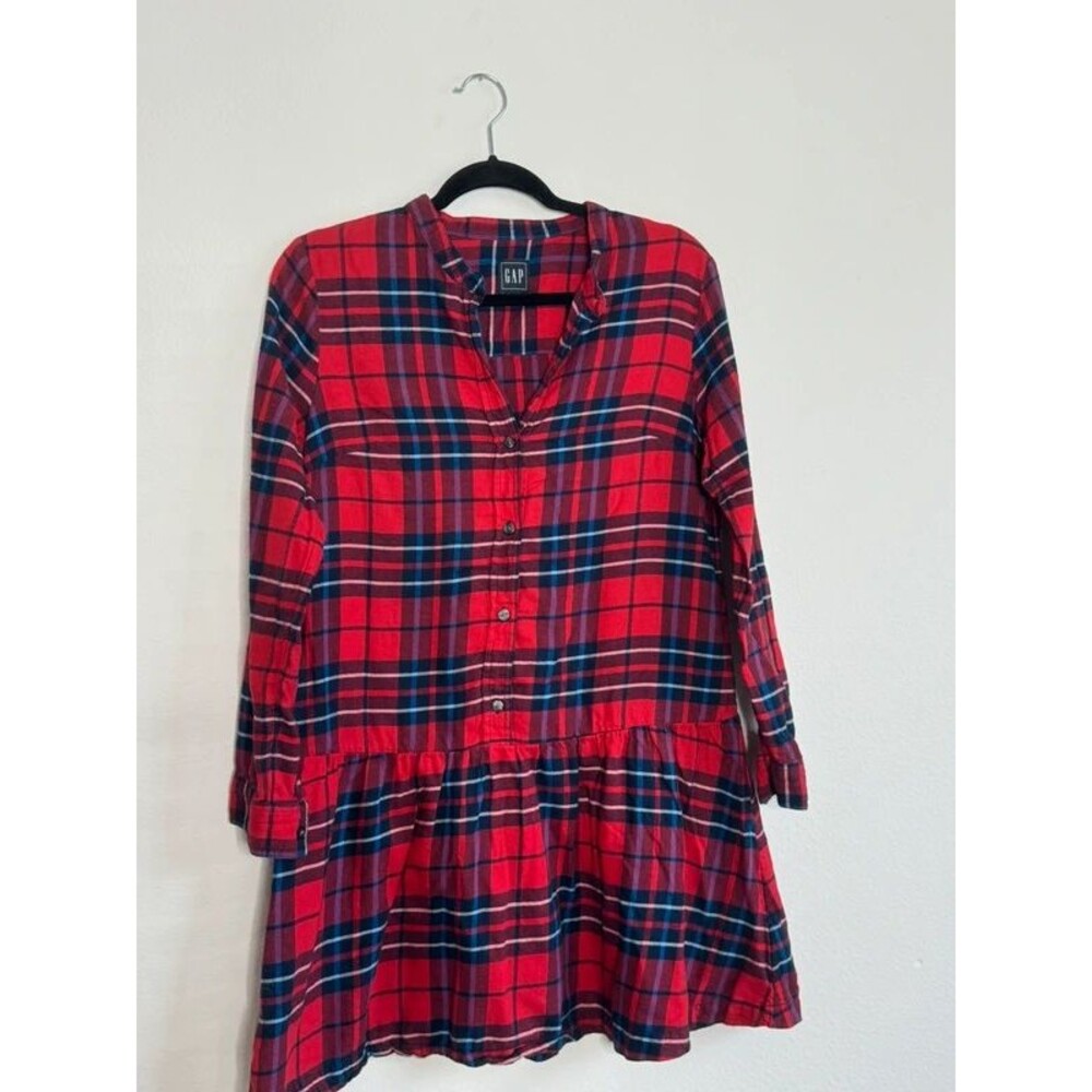 GAP Red Plaid Drop Waist Flannel Shirt Dress Long Sleeve